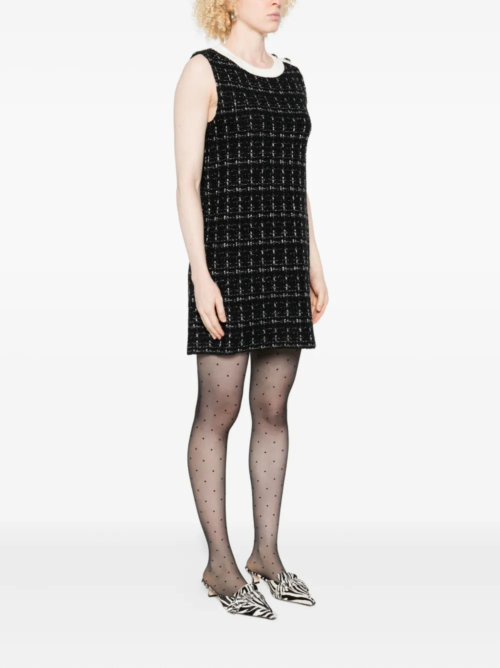 Liu •jo Checkered Tweed Mini Dress With Contrasting Neckline In Black