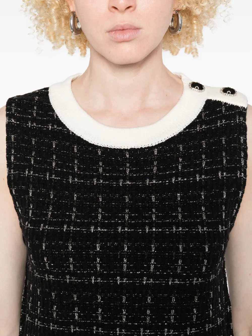 Liu •jo Checkered Tweed Mini Dress With Contrasting Neckline In Black