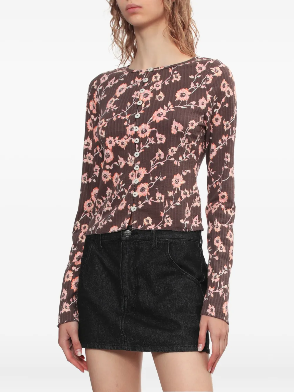 Free People Floral-print Long Sleeves Top In Burgundy