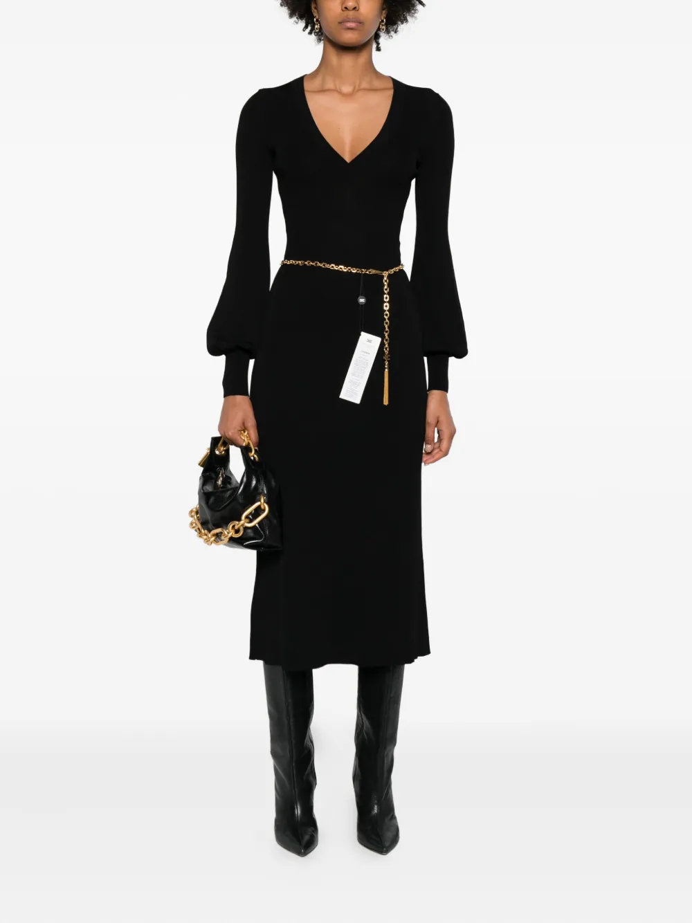 Elisabetta Franchi balloon-sleeve V-neck midi dress - Zwart