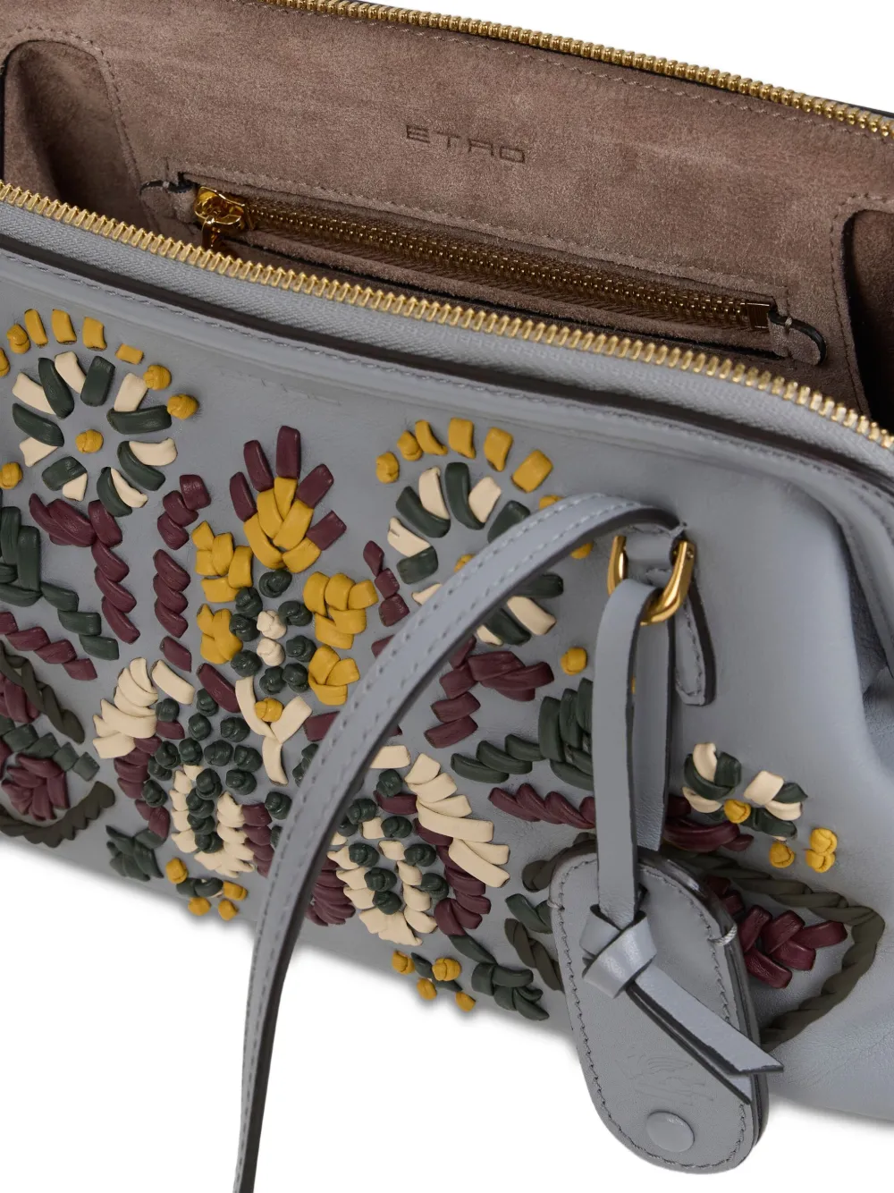 Etro Embroidered Leather Shoulder Bag In Gray