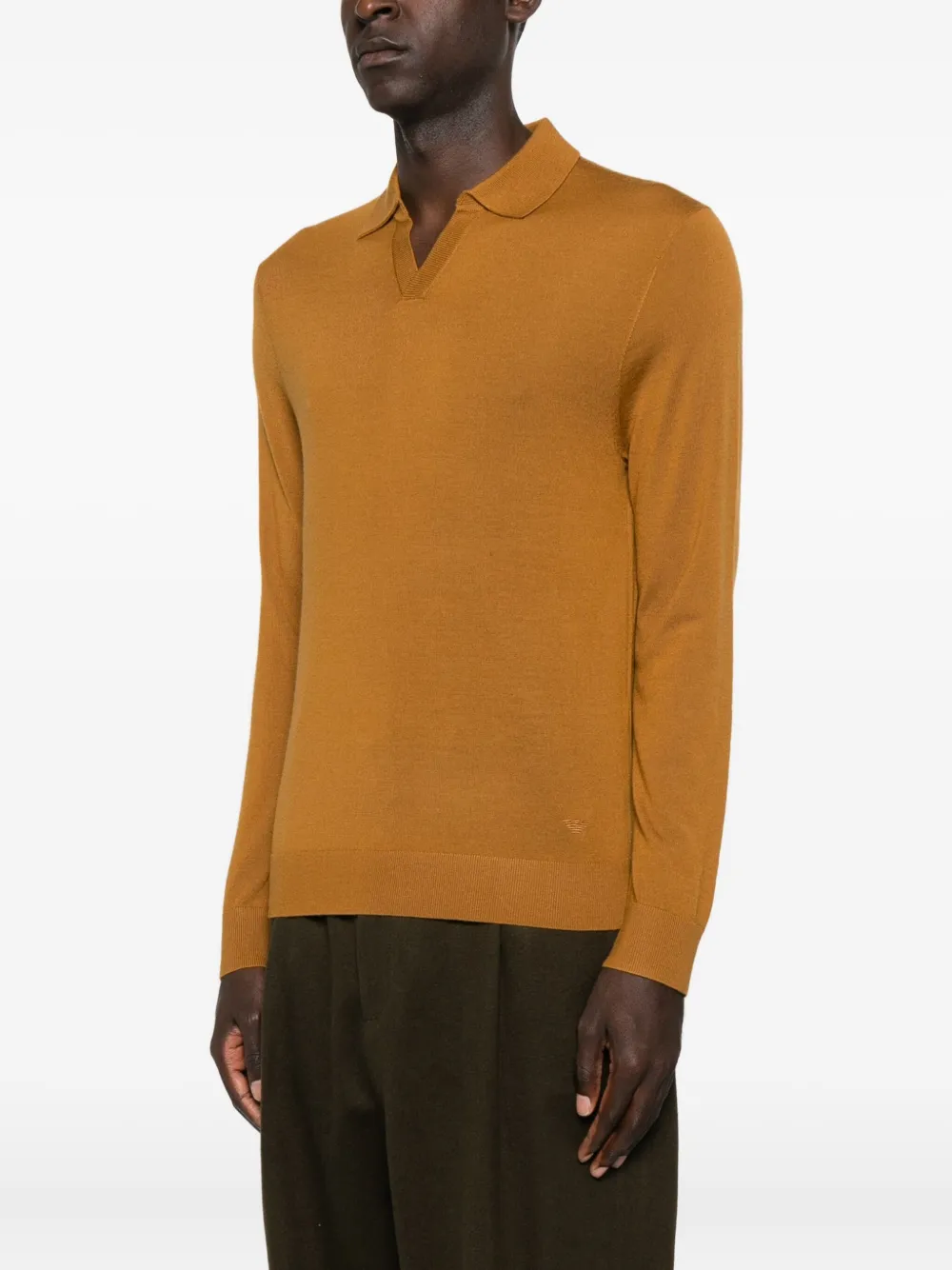 Emporio Armani Virgin Wool Sweater With Polo Collar In Brown