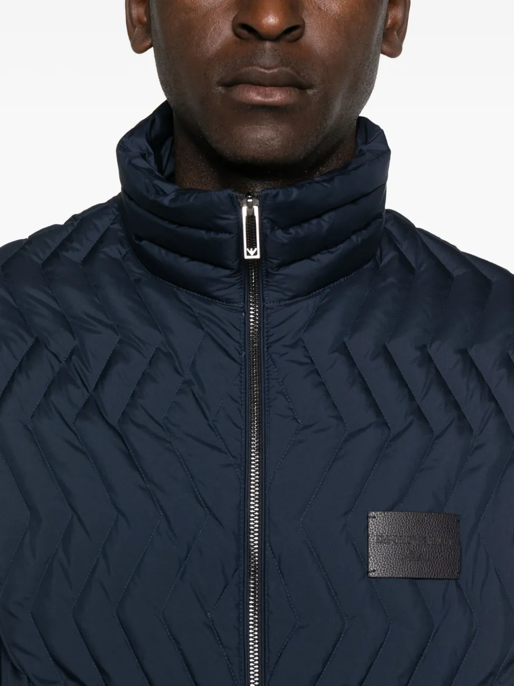 Emporio Armani Full-zip Down Jacket In Chevron Quilted Ripstop Nylon In Blue