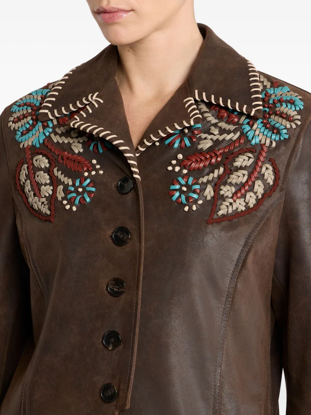 ETRO Leren jack met geborduurd paisley Bruin
