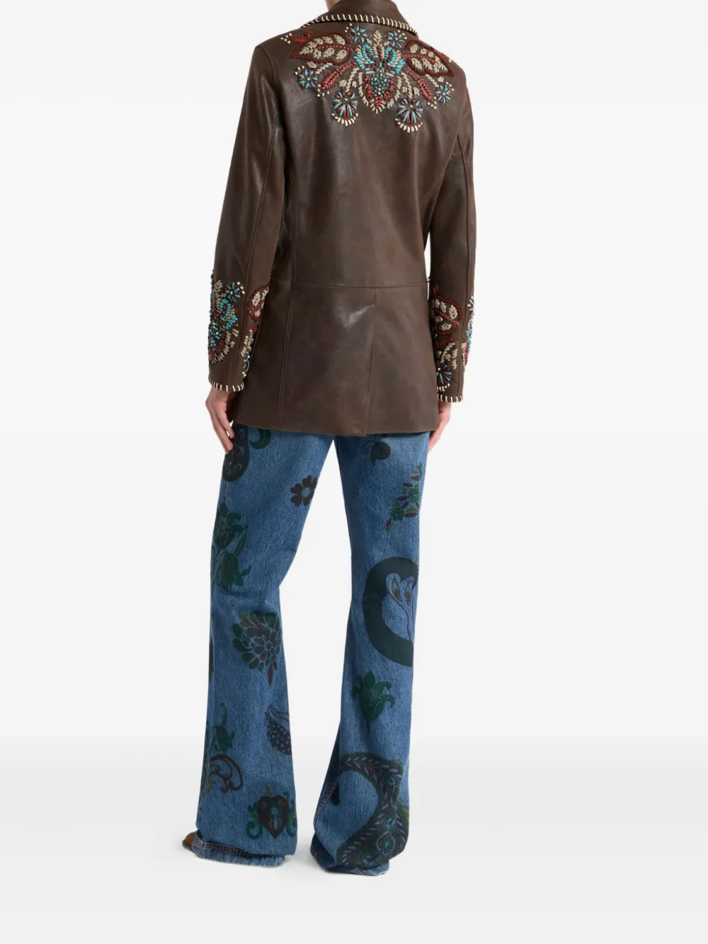 ETRO Leren jack met geborduurd paisley Bruin