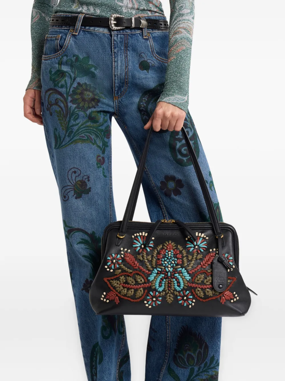 ETRO Leren schoudertas met borduurwerk - Zwart