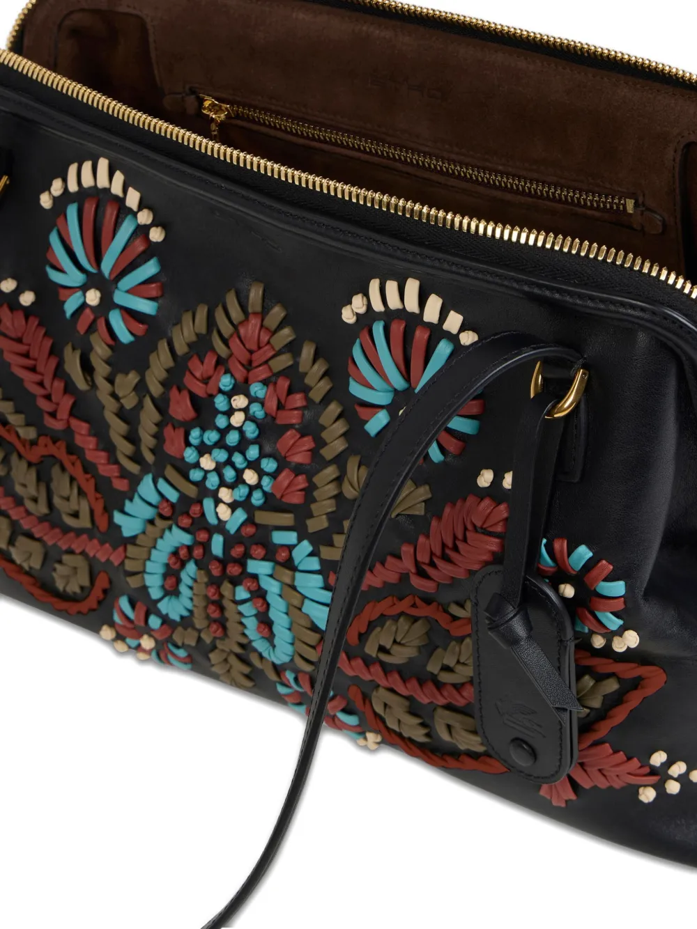 Etro Medium Leather Doc Shoulder Bag With Embroidery In Black