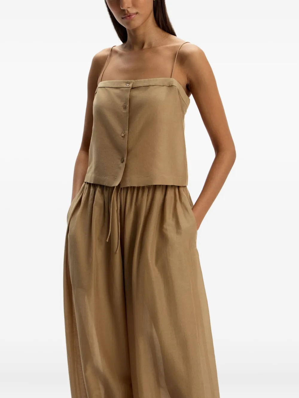 12 Storeez Button-front Spaghetti-strap Top In Brown
