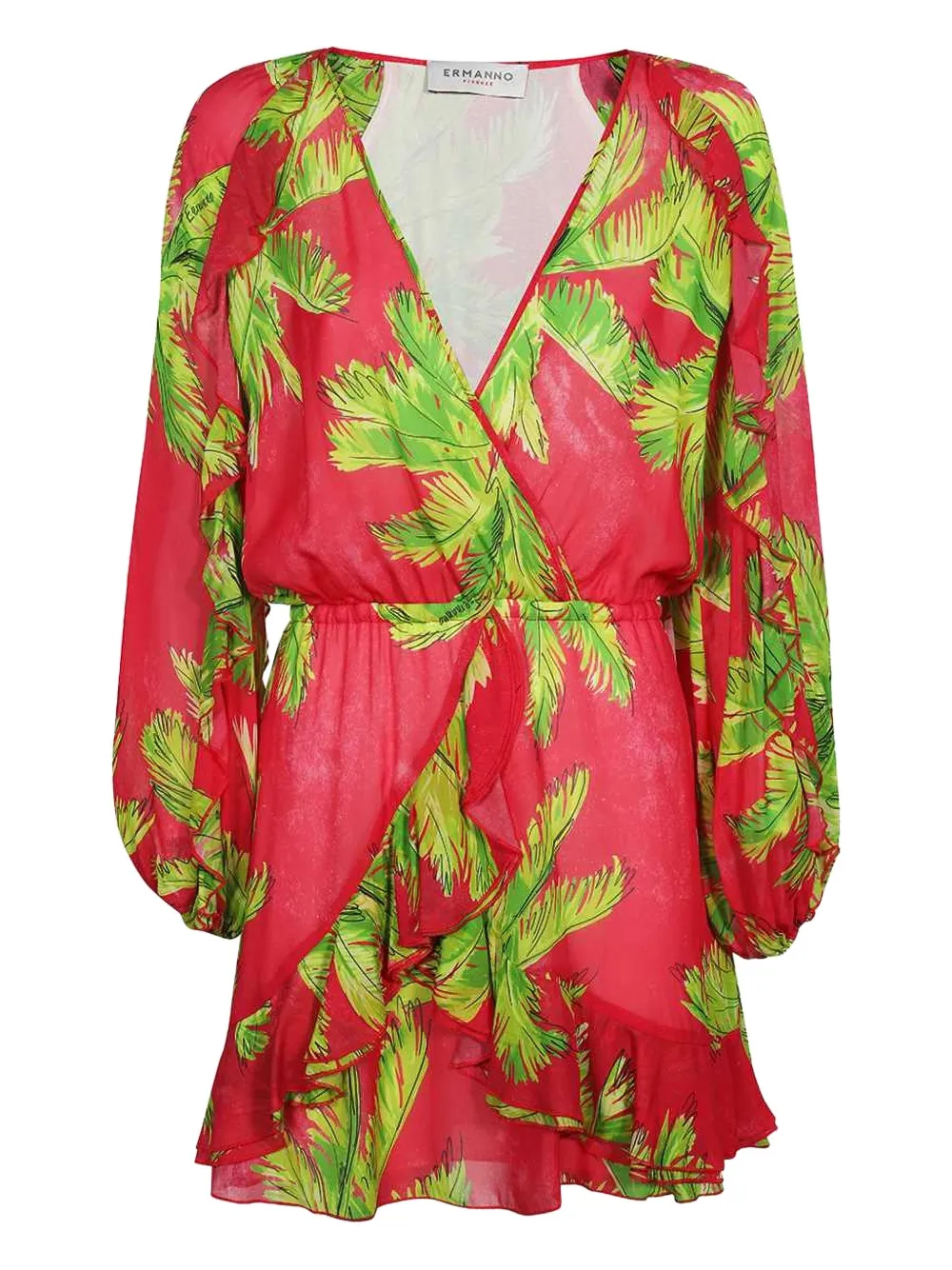 Ermanno Scervino Palm-print Ruffled Mini Dress In Pink