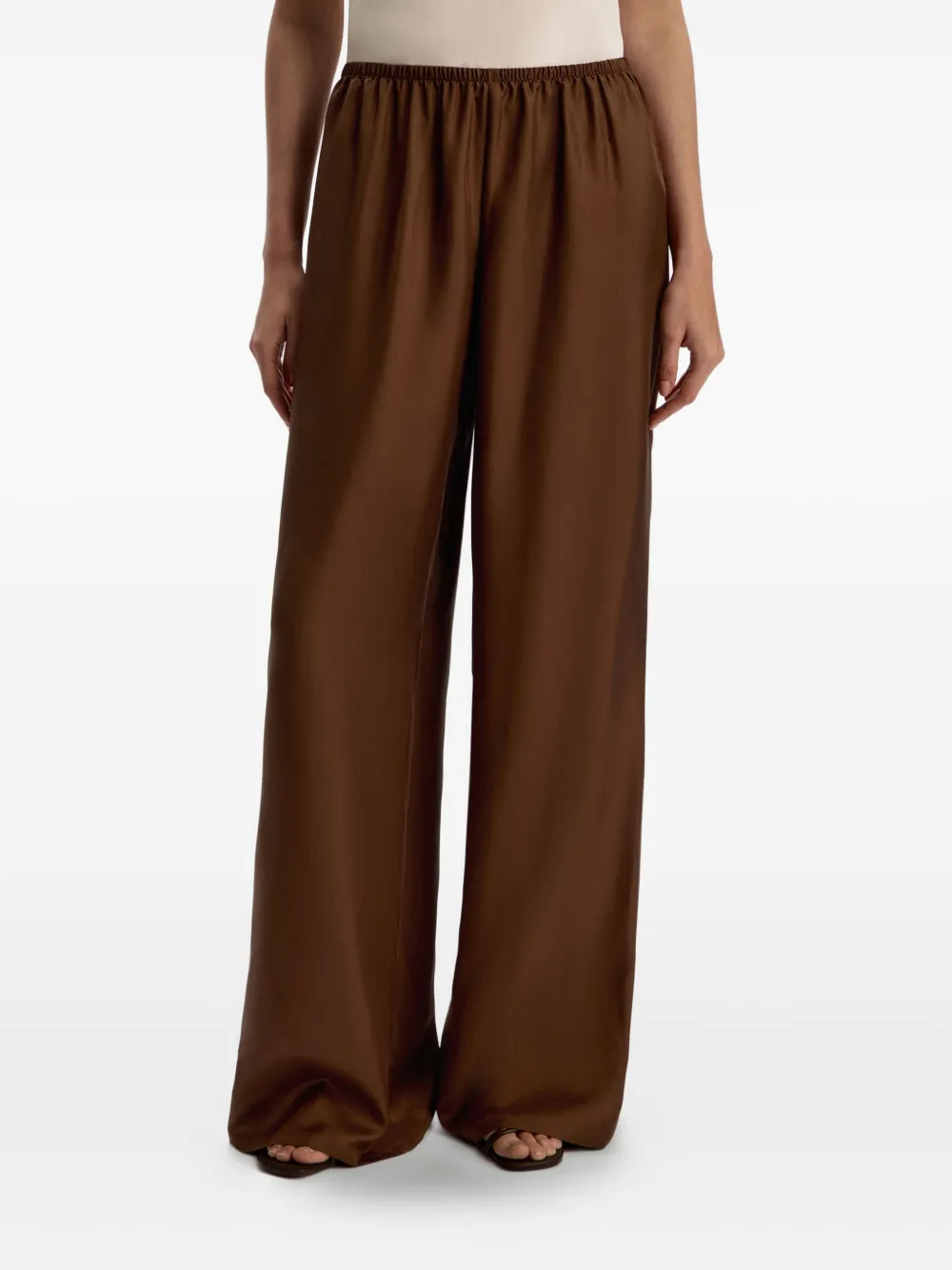 12 Storeez Elastic-waist Silk Palazzo Pants In Brown