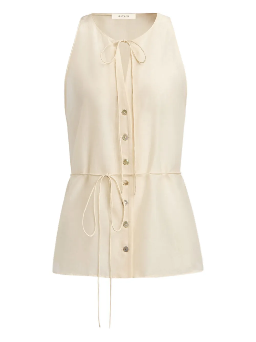 12 Storeez Tie-neck Buttoned Blouse In Neutral