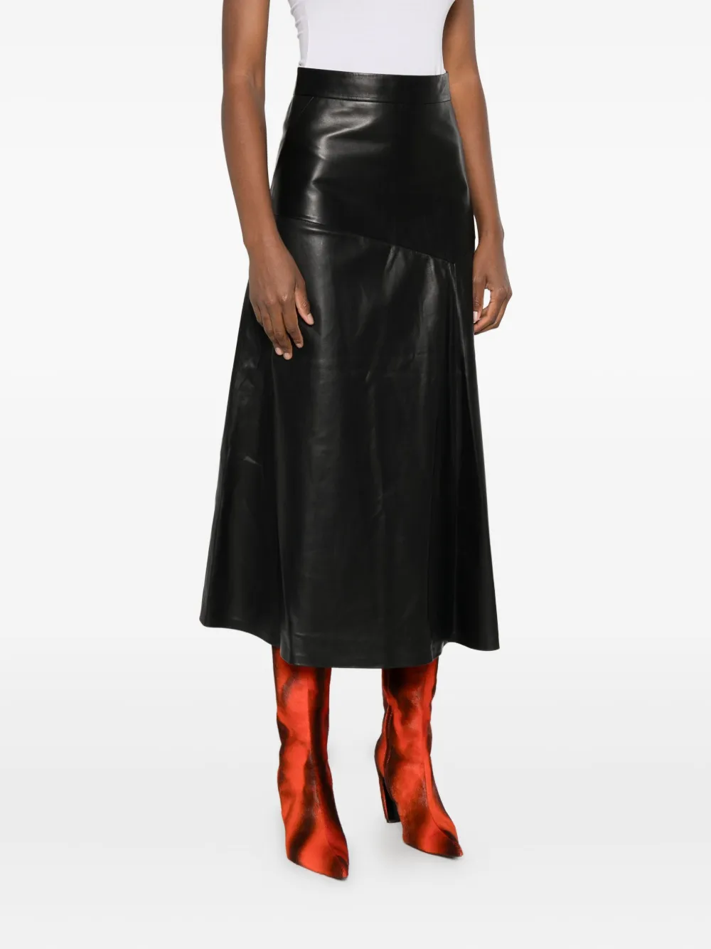 Pence Leren midi-rok met A-lijn Zwart