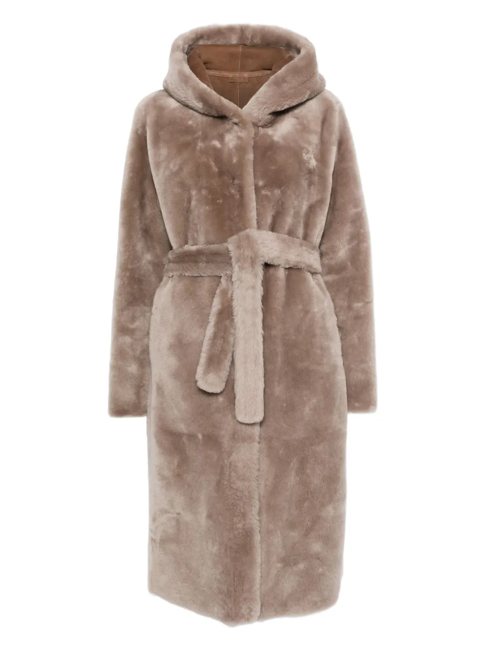 Liska Hooded Belted Coat In Brown