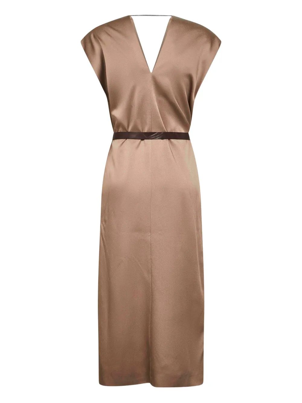 Brunello Cucinelli Midi-jurk met ceintuur en V-hals - Bruin