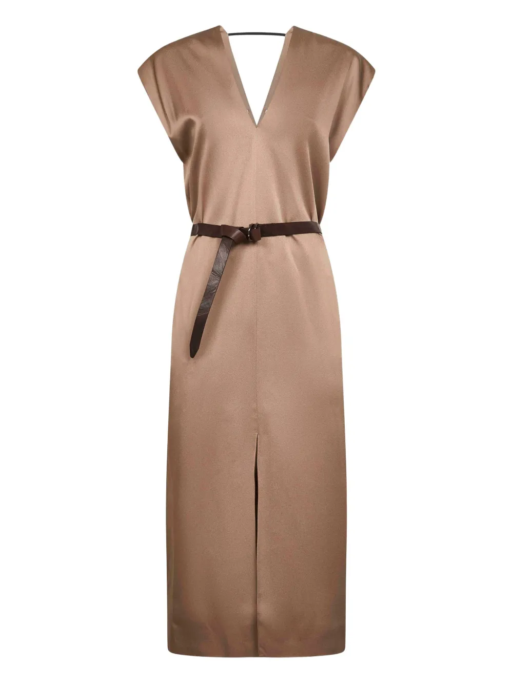Brunello Cucinelli ベルテッド Vネックドレス - ブラウン Brunello Cucinelli ベルテッド Vネックドレス - ブラウン