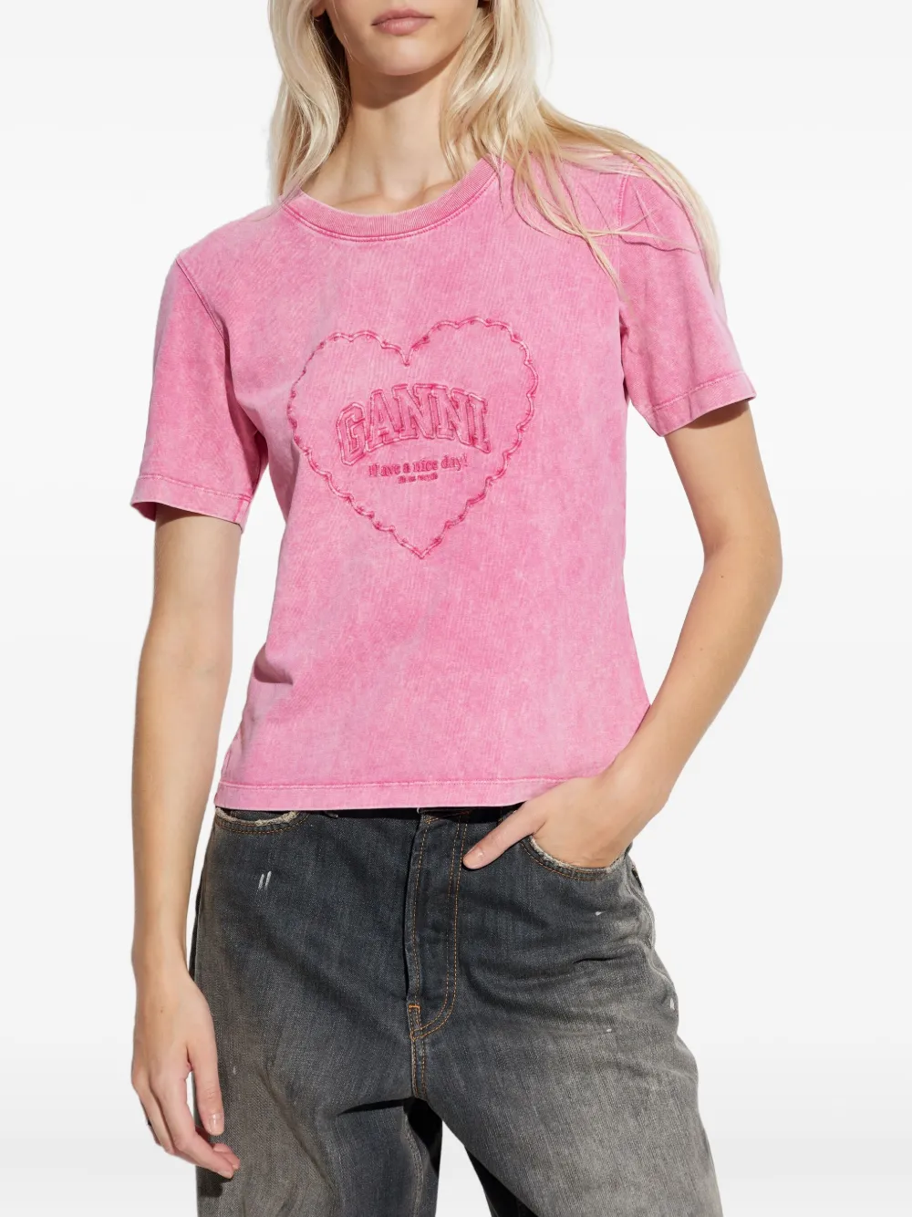Ganni Heart-embroidered T-shirt In Pink