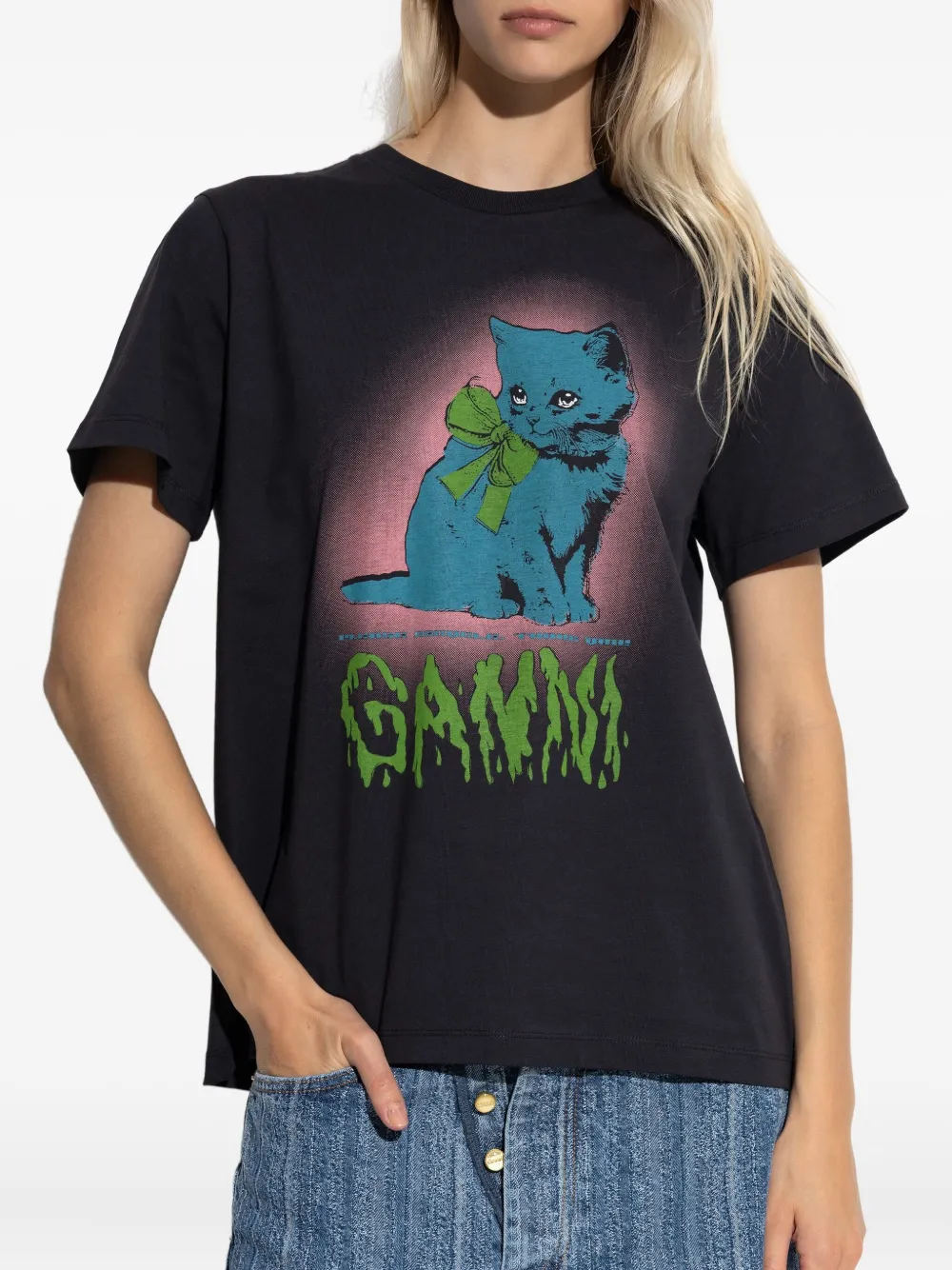 Ganni Women Basic Cotton Jersey Neon Kitty T-shirt In Black