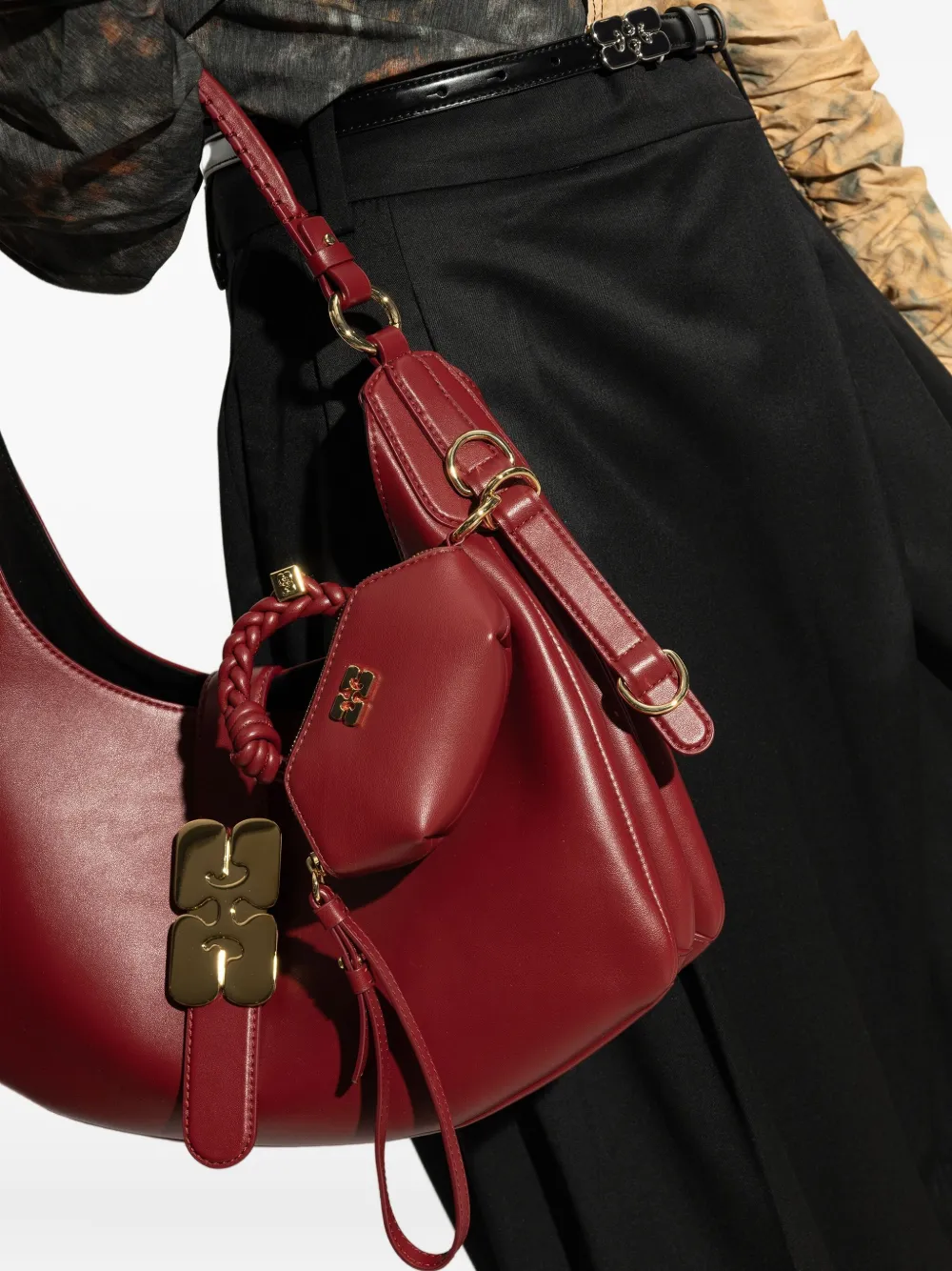 GANNI braided-handle leather tote bag - Rood