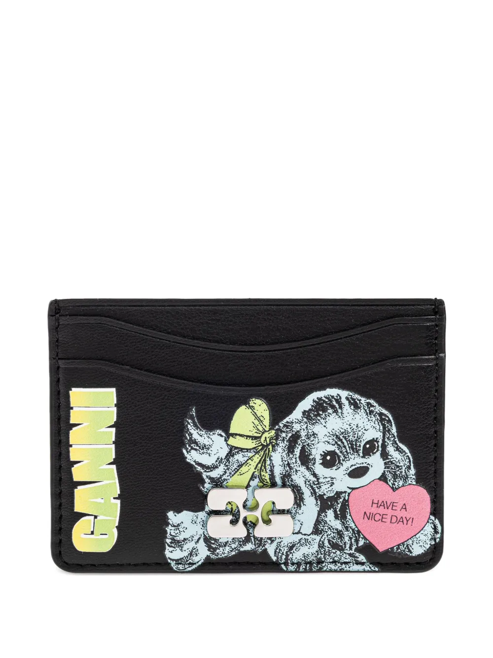 Ganni Black Card Holder With Graphic Print On The Front In Leather Blend Woman In Black