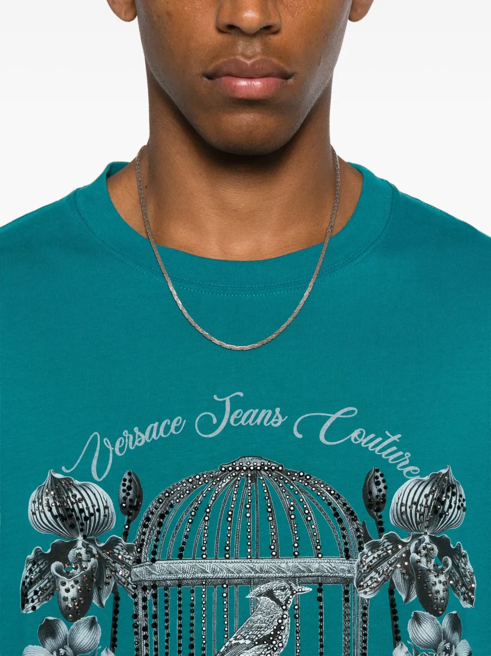Versace Jeans Couture Verfraaid T-shirt met vogelkooiprint Blauw