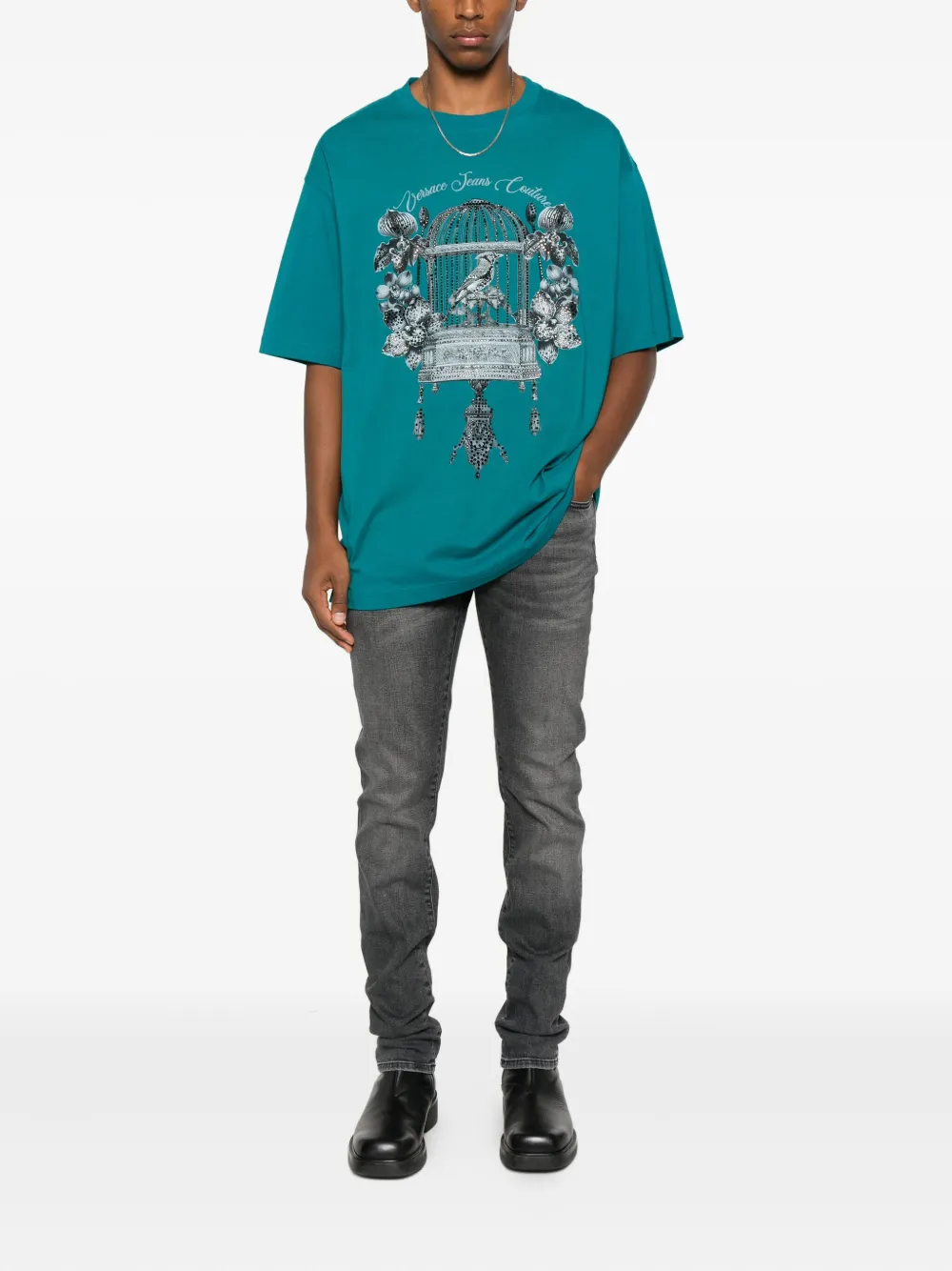 Versace Jeans Couture Verfraaid T-shirt met vogelkooiprint - Blauw