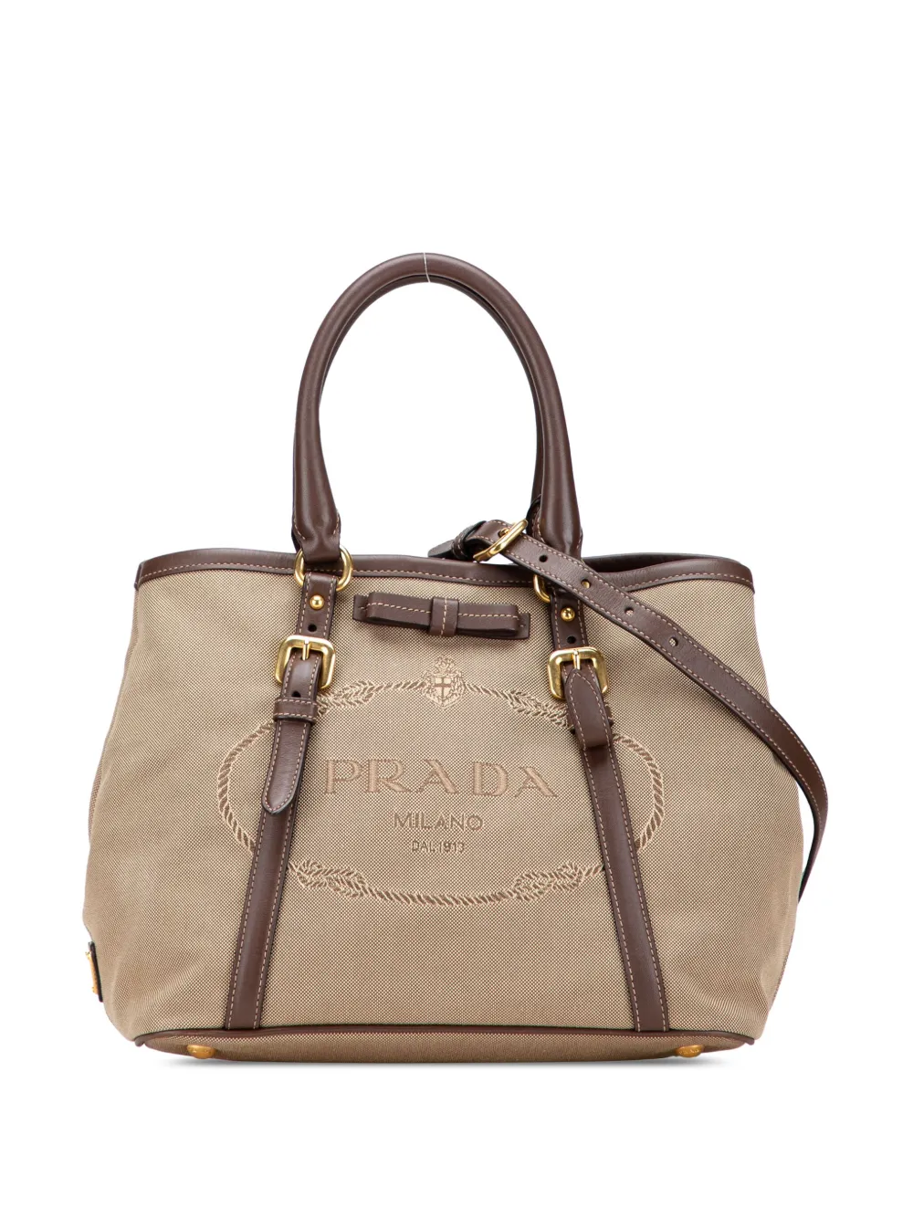 Prada Pre-Owned 2010-2025 キャンバス カナパ ロゴ リボン サッチェルバッグ - ブラウン Prada Pre-Owned 2010-2025 キャンバス カナパ ロゴ リボン サッチェルバッグ - ブラウン