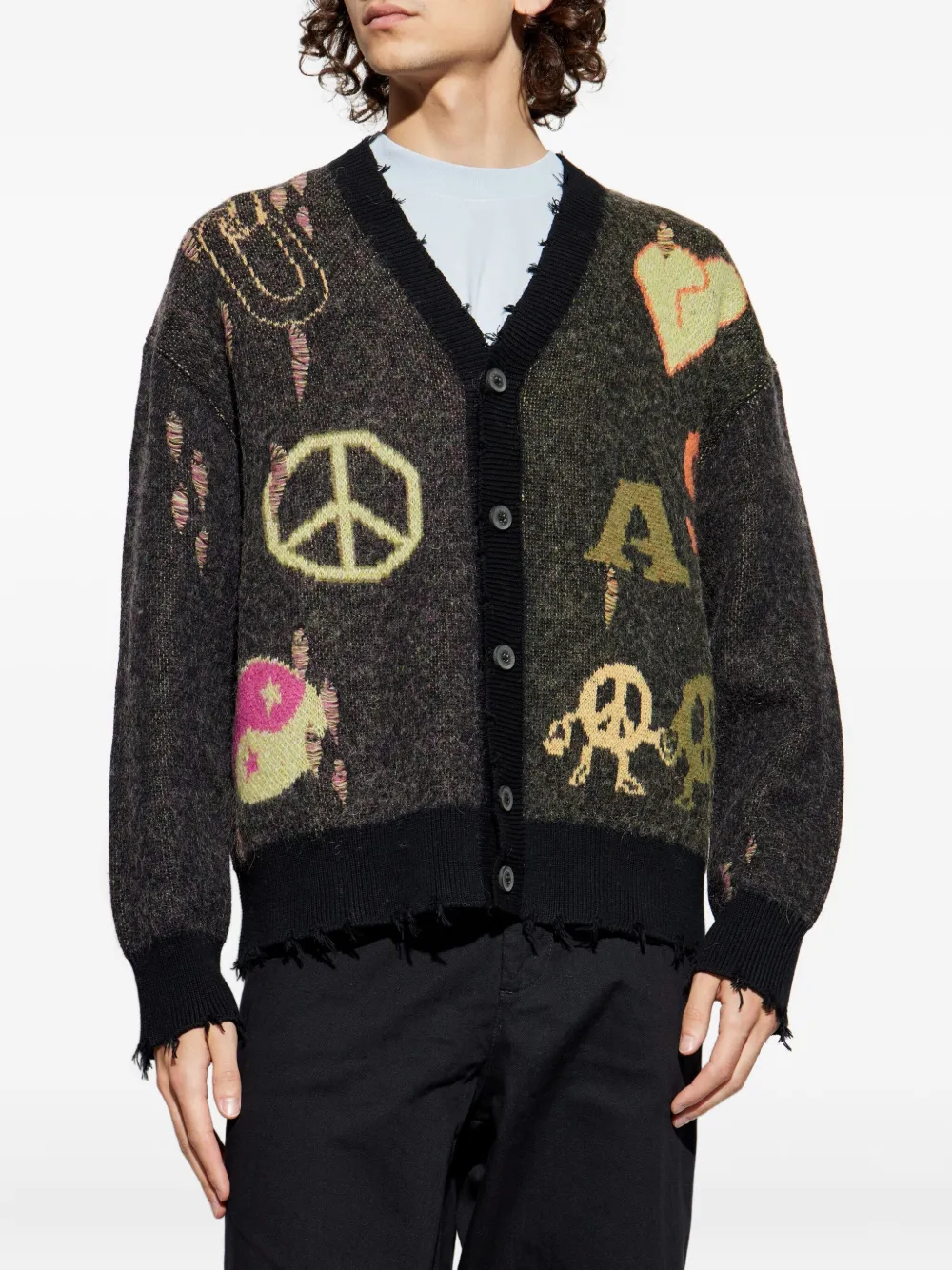 Allsaints Graphic-print Frayed Cardigan In Black