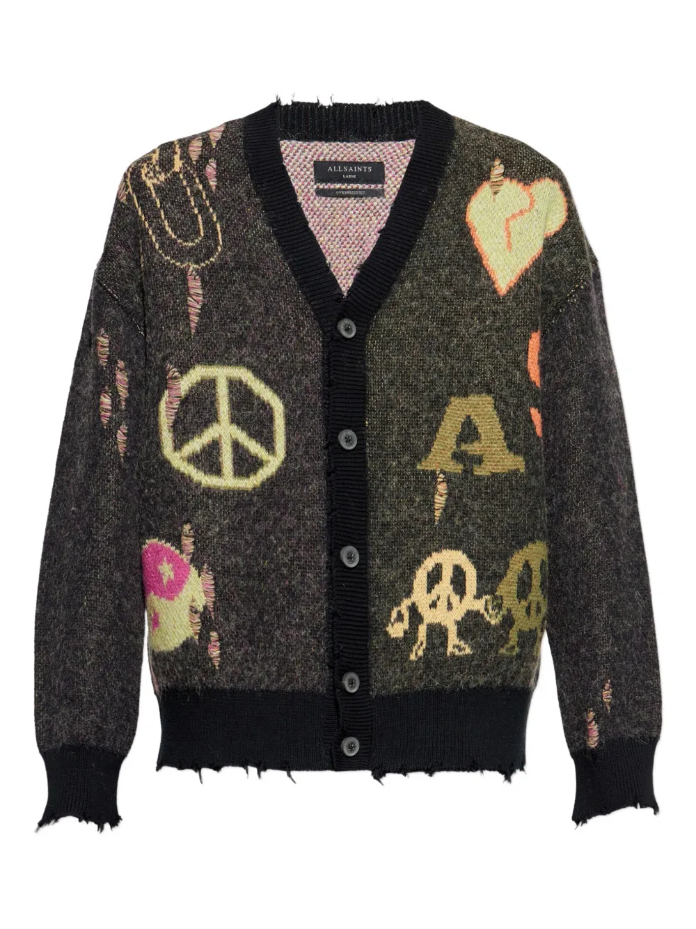 Allsaints Graphic-print Frayed Cardigan In Black