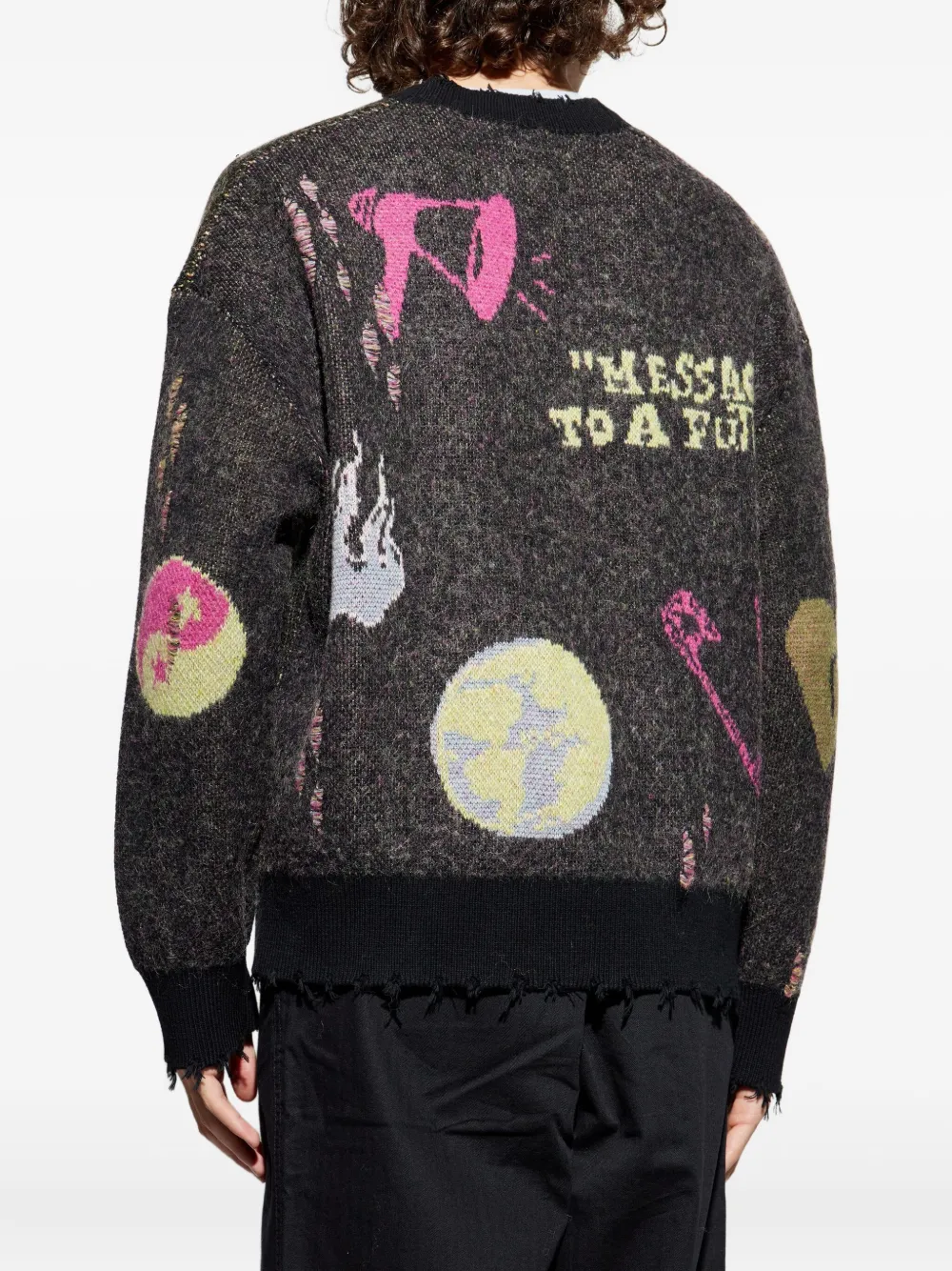 Allsaints Graphic-print Frayed Cardigan In Black
