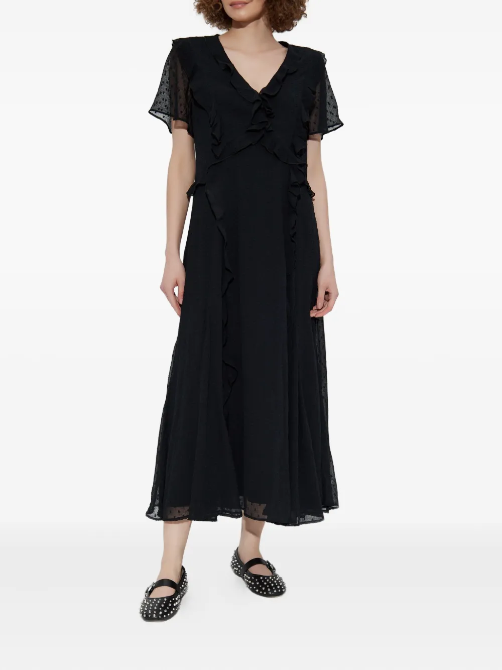 Allsaints Dot-detail Frilled Dress In Black