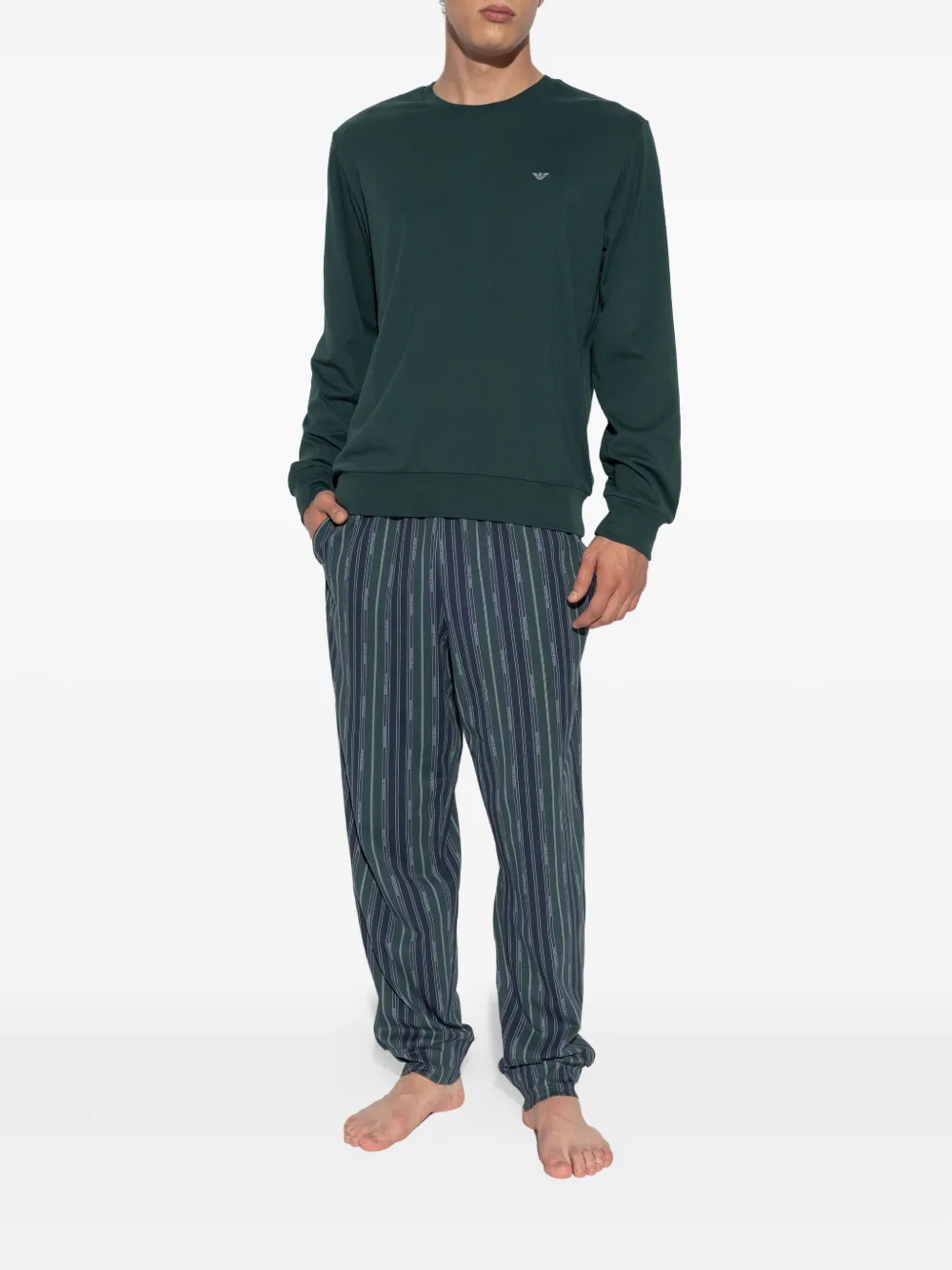 Emporio Armani Logo-embroidered Stripe-pattern Pyjamas In Green