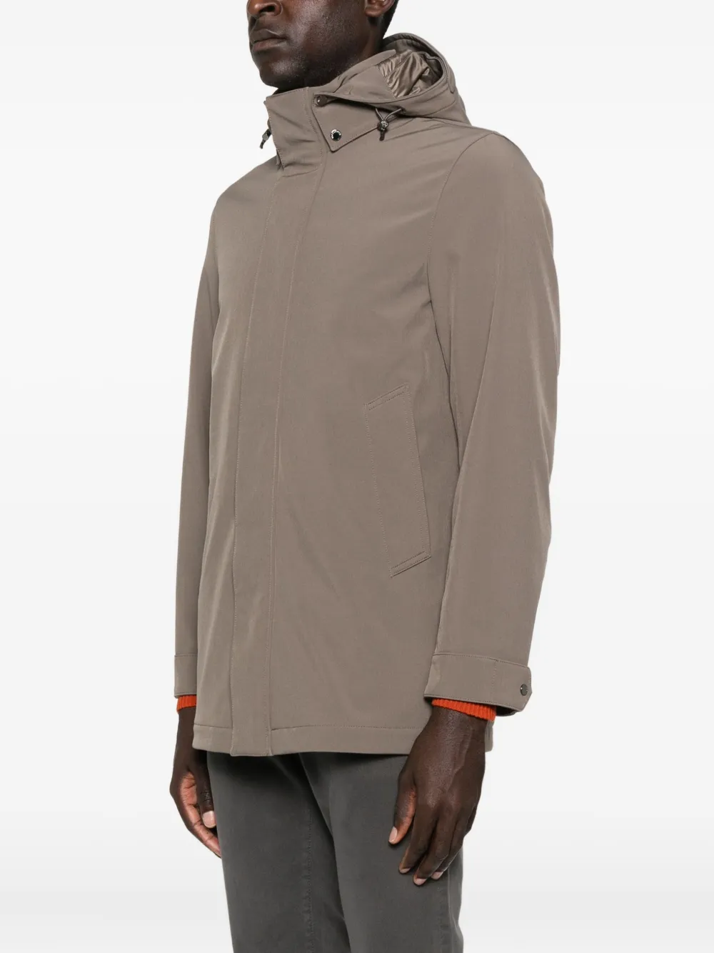 Woolrich Hooded Buttoned Coat In Brown
