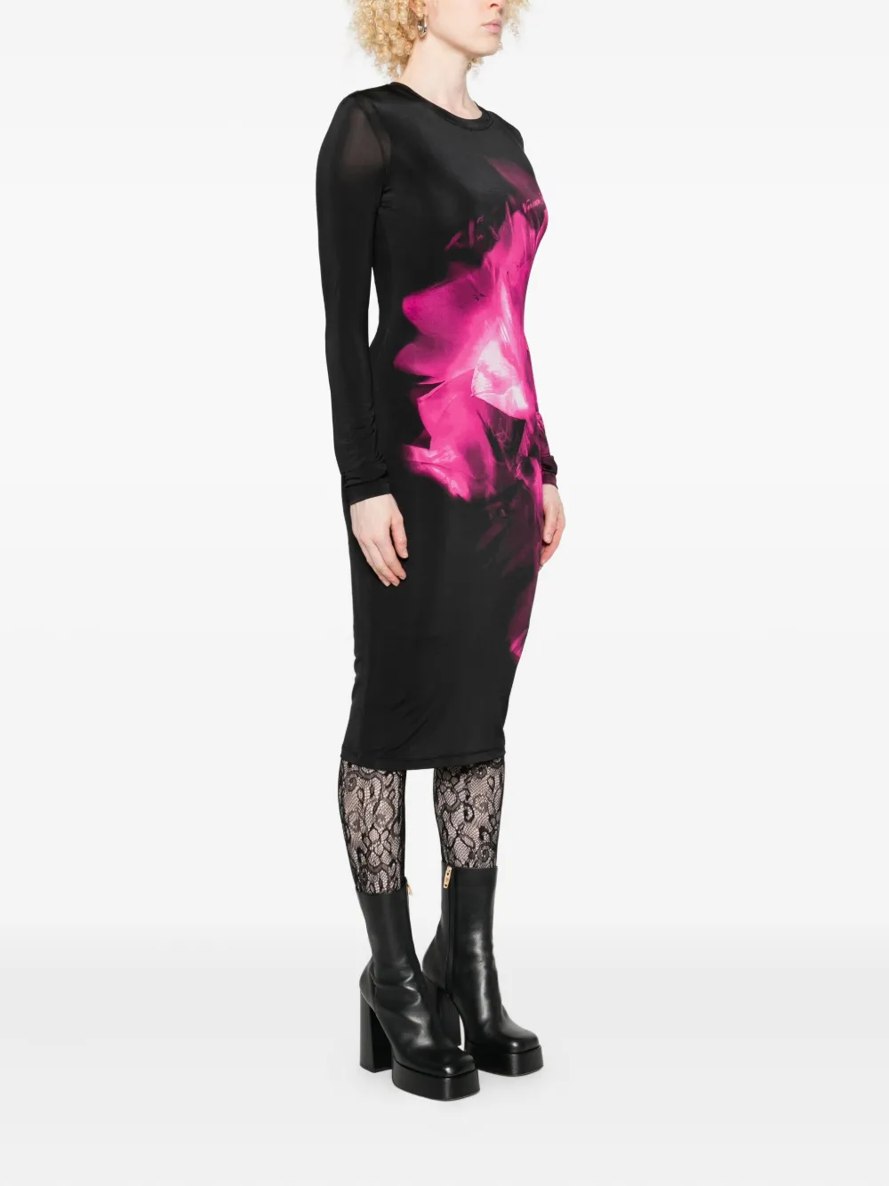 Versace Jeans Couture Floral-print Long-sleeve Midi Dress In Black
