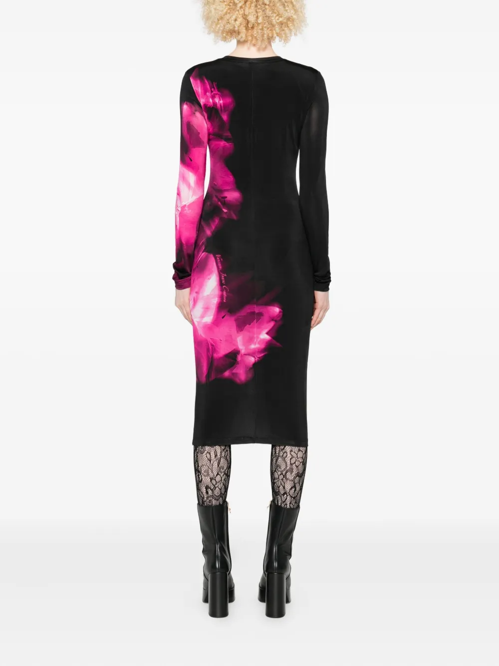Versace Jeans Couture Floral-print Long-sleeve Midi Dress In Black