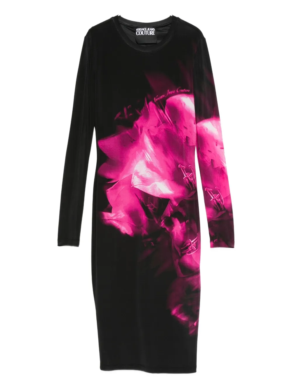 Versace Jeans Couture Floral-print Long-sleeve Midi Dress In Black