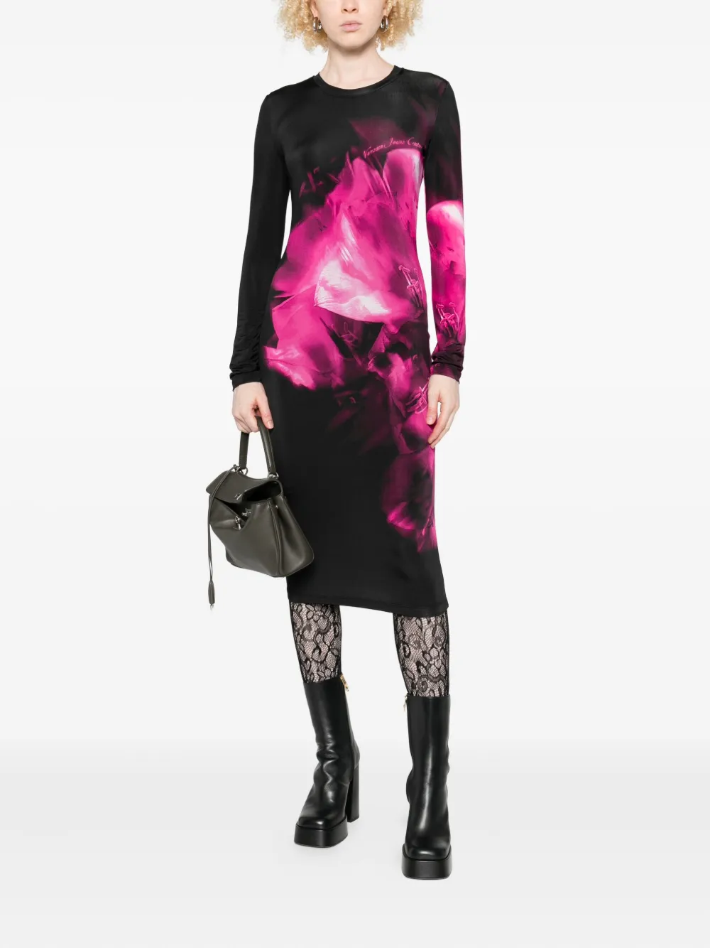 Versace Jeans Couture Midi-jurk met bloemenprint em lange mouwen - Zwart