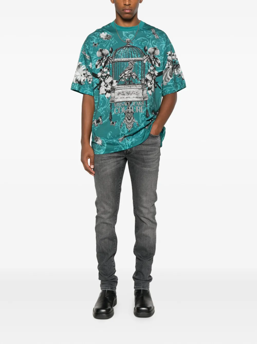 Versace Jeans Couture T-shirt met vogelkooi en bloemenprint - Blauw