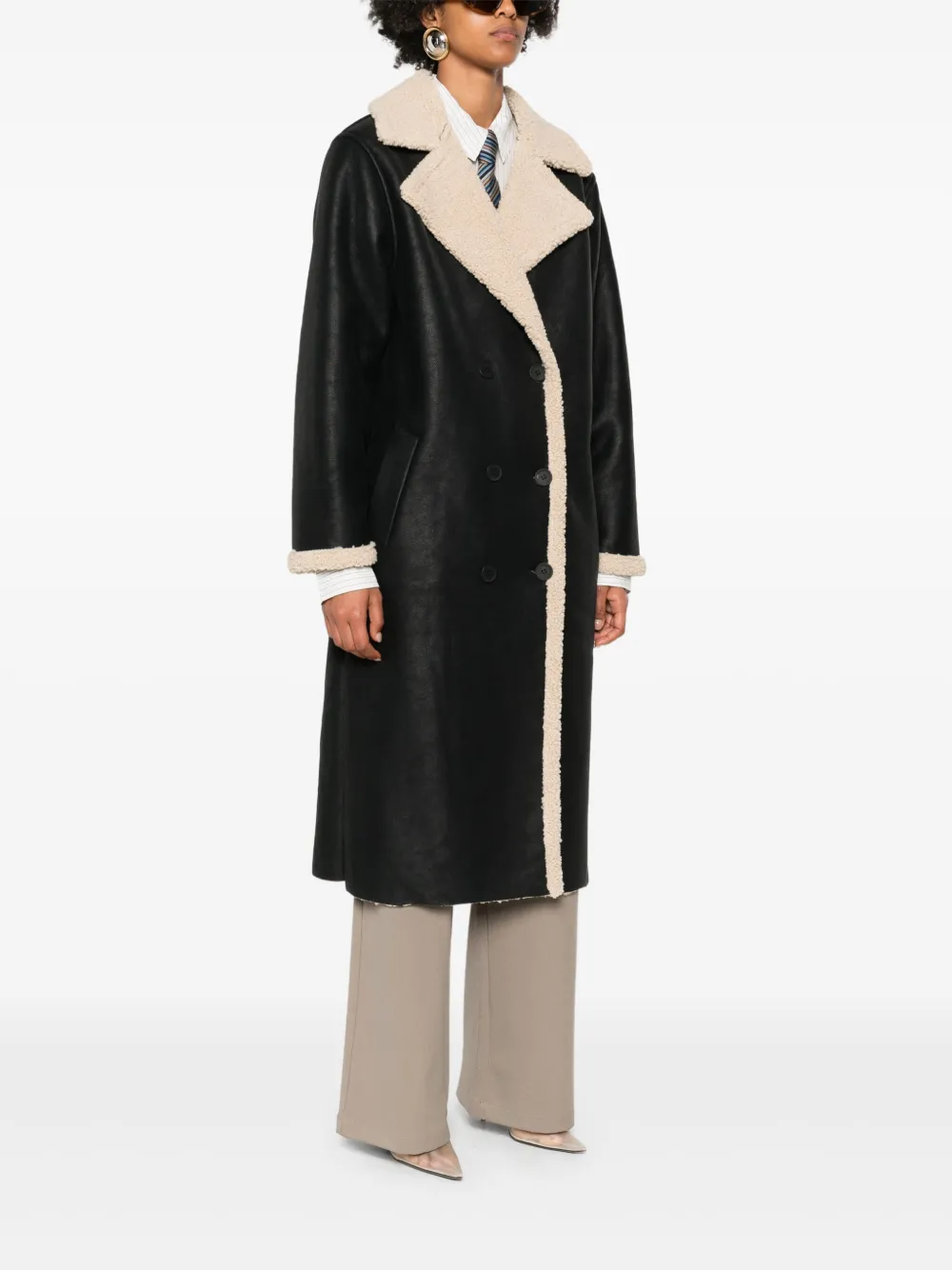 Eleh Double-breasted Fleece-trimmed Coat In Black