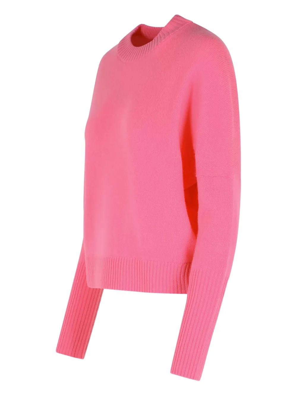 Closed Wool Sweater With Round Neckline And Ribbed Detailing In Pink