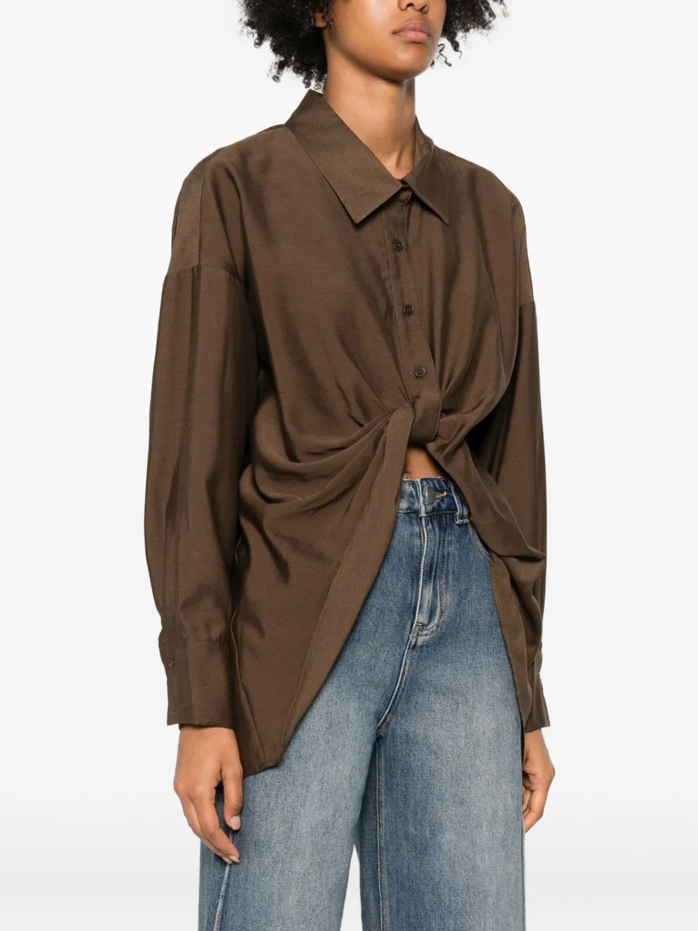 Eleh Twisted-front Cotton Shirt In Brown