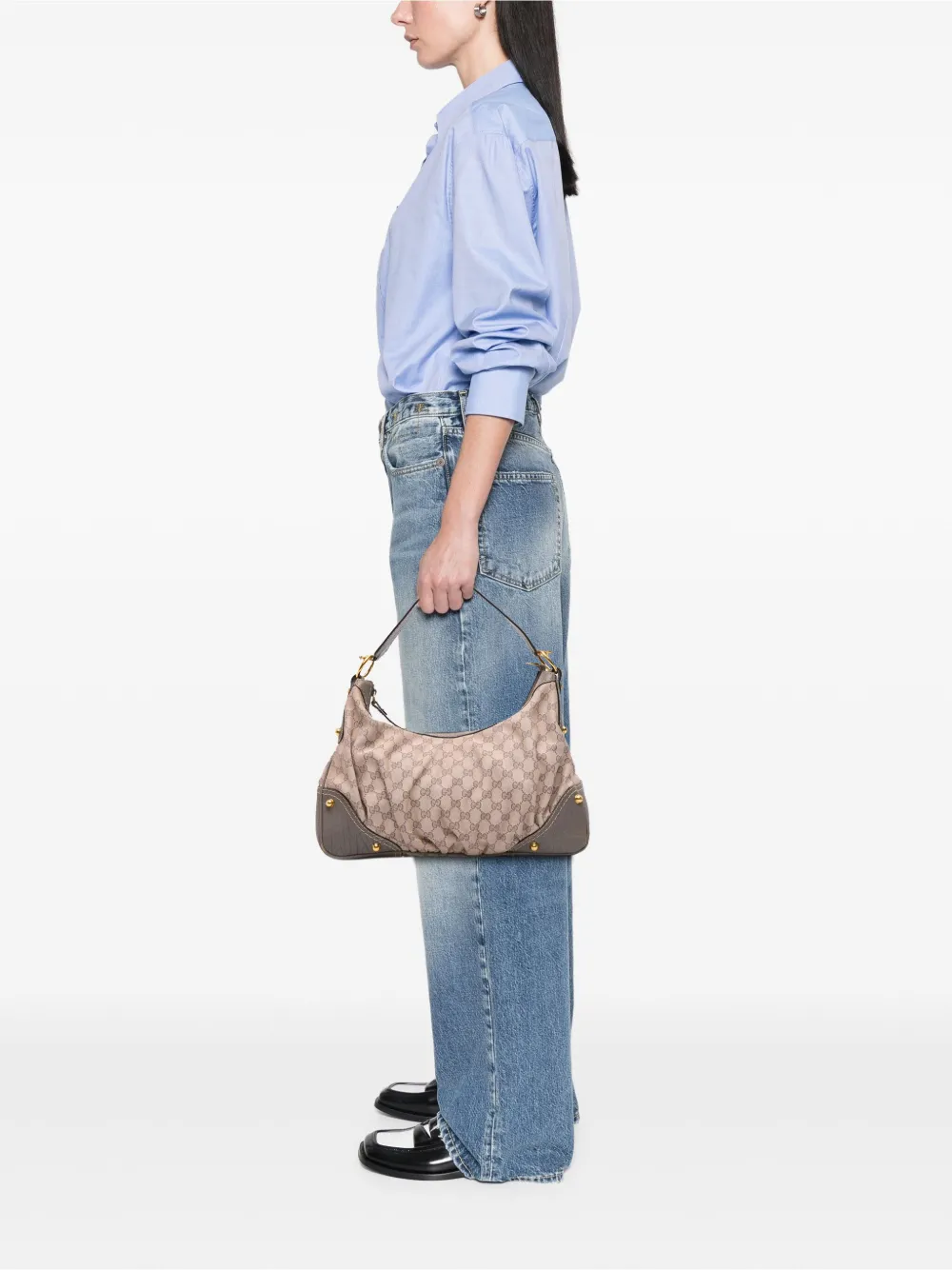 Pre-owned Gucci 2016-2025 Medium Gg Canvas Jockey Hobo Bag In Brown