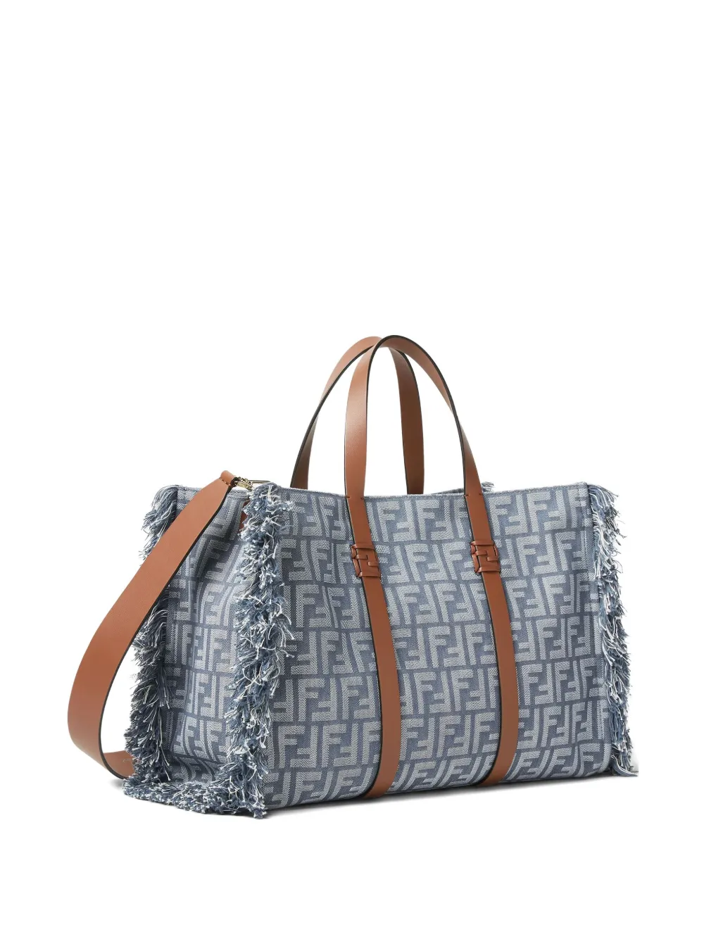Fendi Summer Tote Ff Jacquard Fabric Shoulder Bag With Fringes In Blue