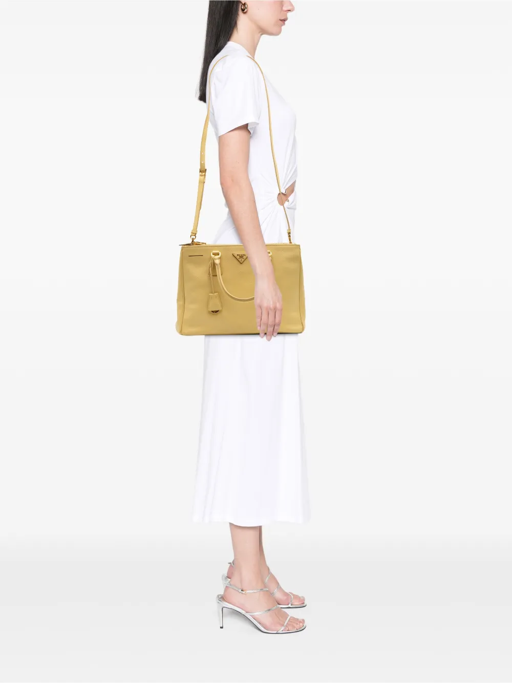 Pre-owned Prada 2021-2025 Medium Saffiano Lux Galleria Double Zip Satchel In Yellow