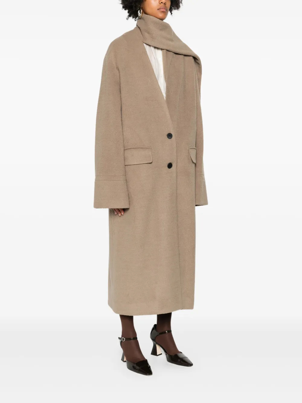 Eleh Attached-scarf Buttoned Coat In Brown