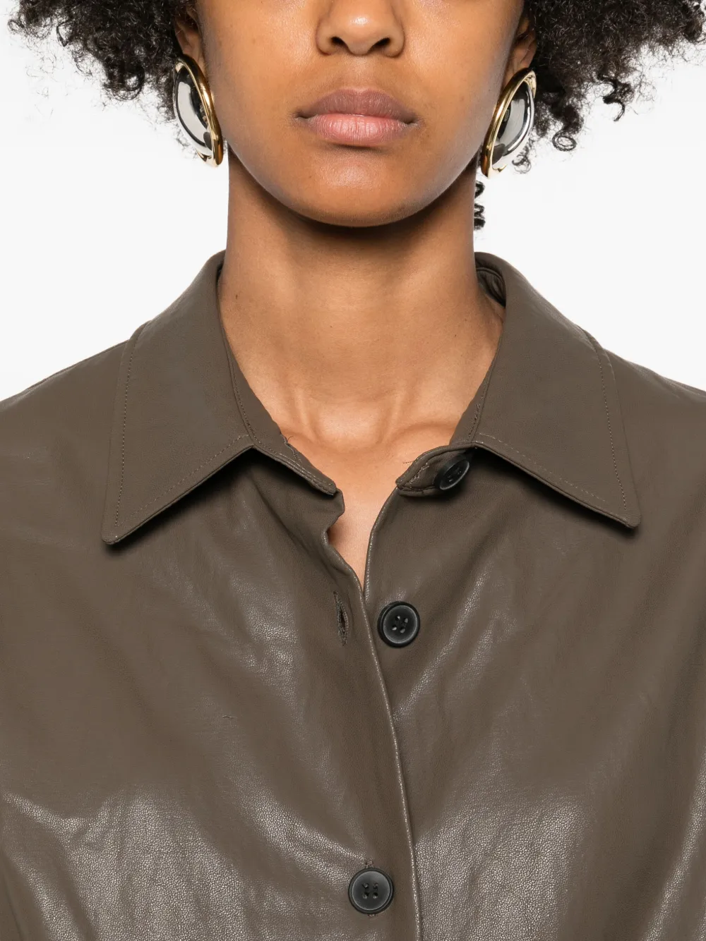 Eleh Button-down Leather Shirt Jacket In Brown