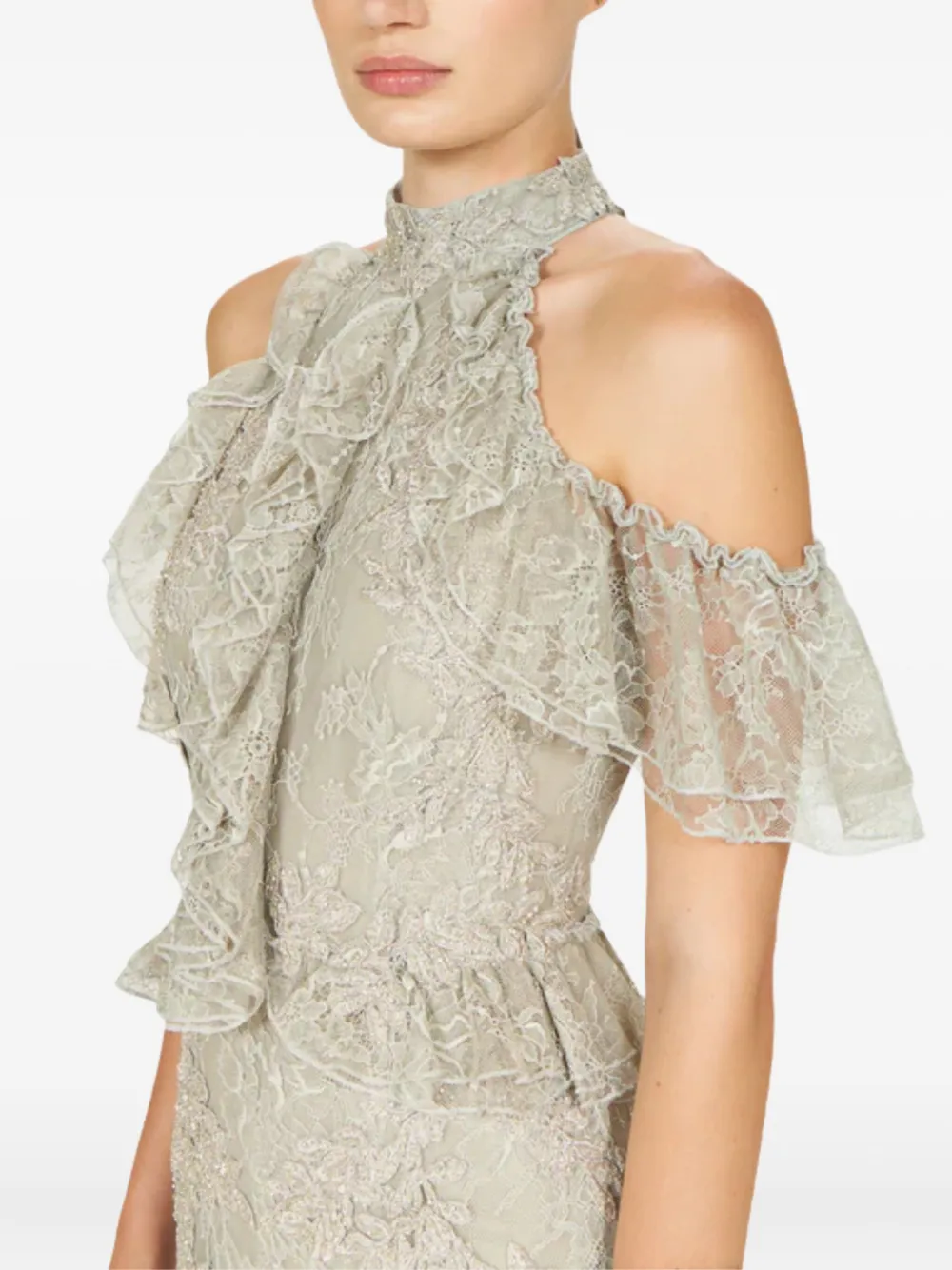 Costarellos Rhodine Embellished Halterneck Lace Gown In Green