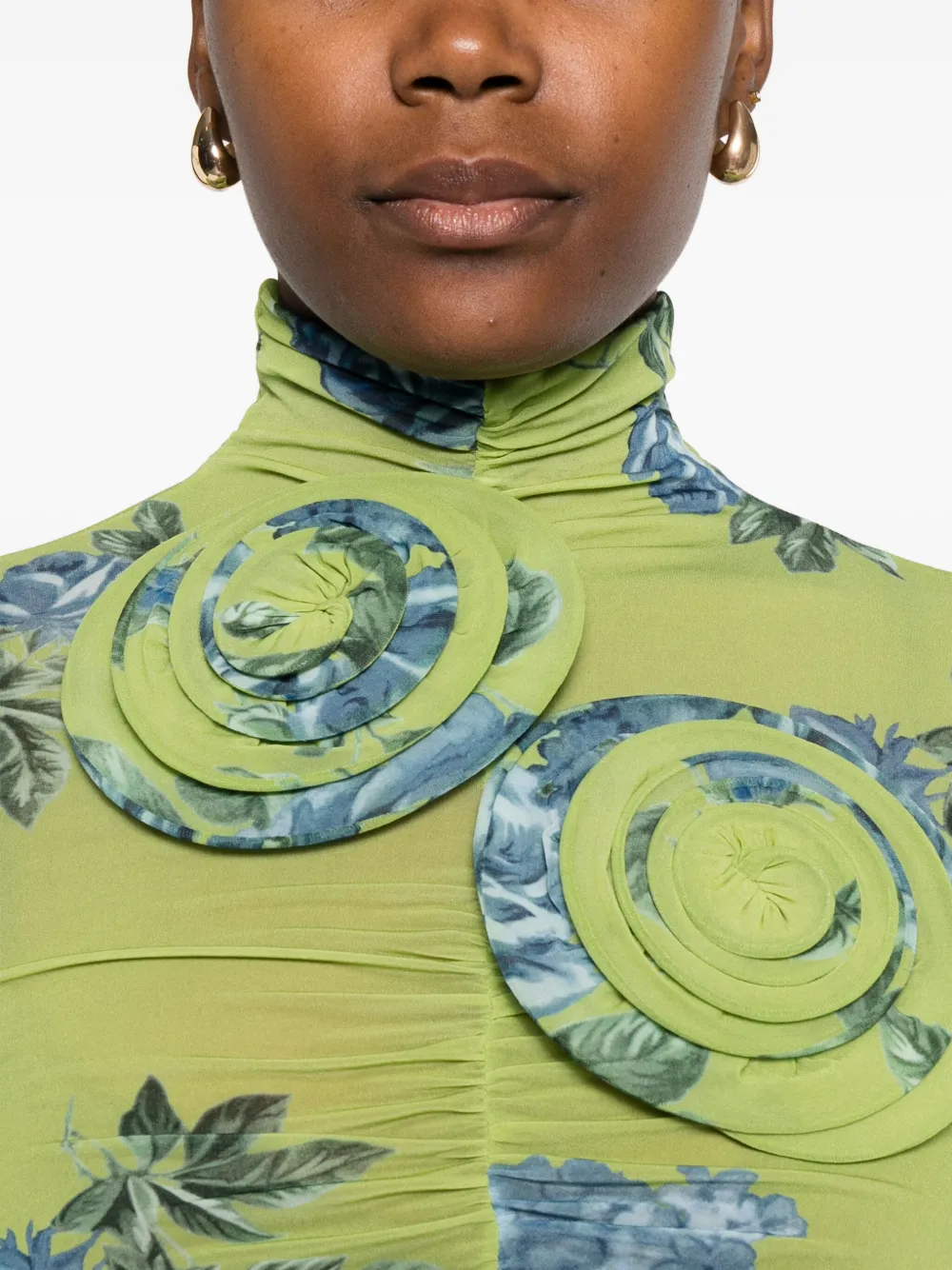 Magda Butrym Embellished Floral High Neck Ruched Top In Green