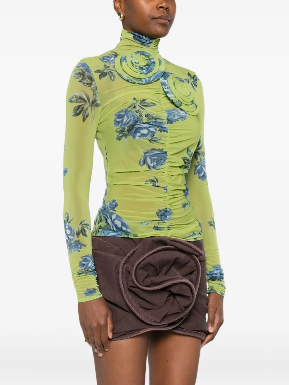 Magda Butrym Embellished Floral High Neck Ruched Top In Green