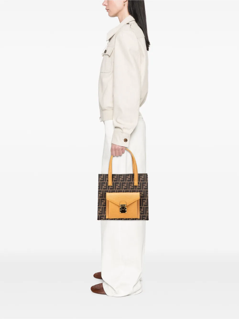 Pre-owned Fendi 20th Century Zucca Canvas Front Pocket Tote Satchel In Brown