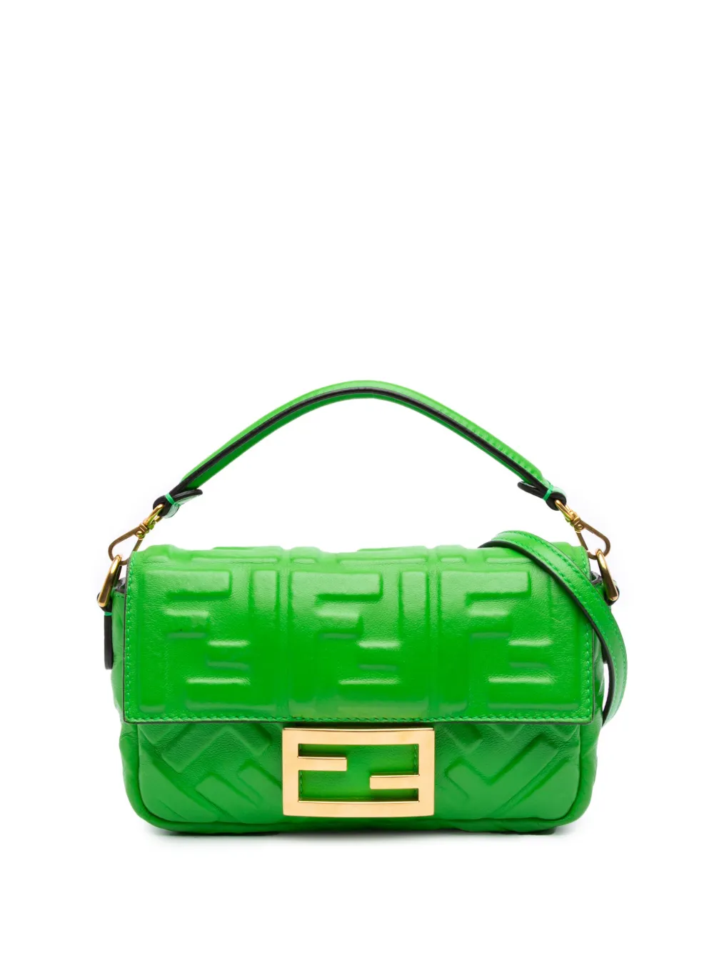 Pre-owned Fendi 2010-2025 Mini Zucca Embossed Leather Baguette Satchel In Green